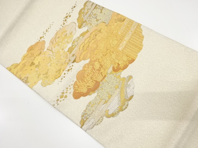 アンティーク　綴れ　雲に垣根・草花模様織り出し袋帯（材料）